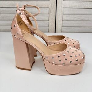 SILENT D "Grace" Platform Block Heel Satin Mary Jane Pumps w Silver Studs-Pink